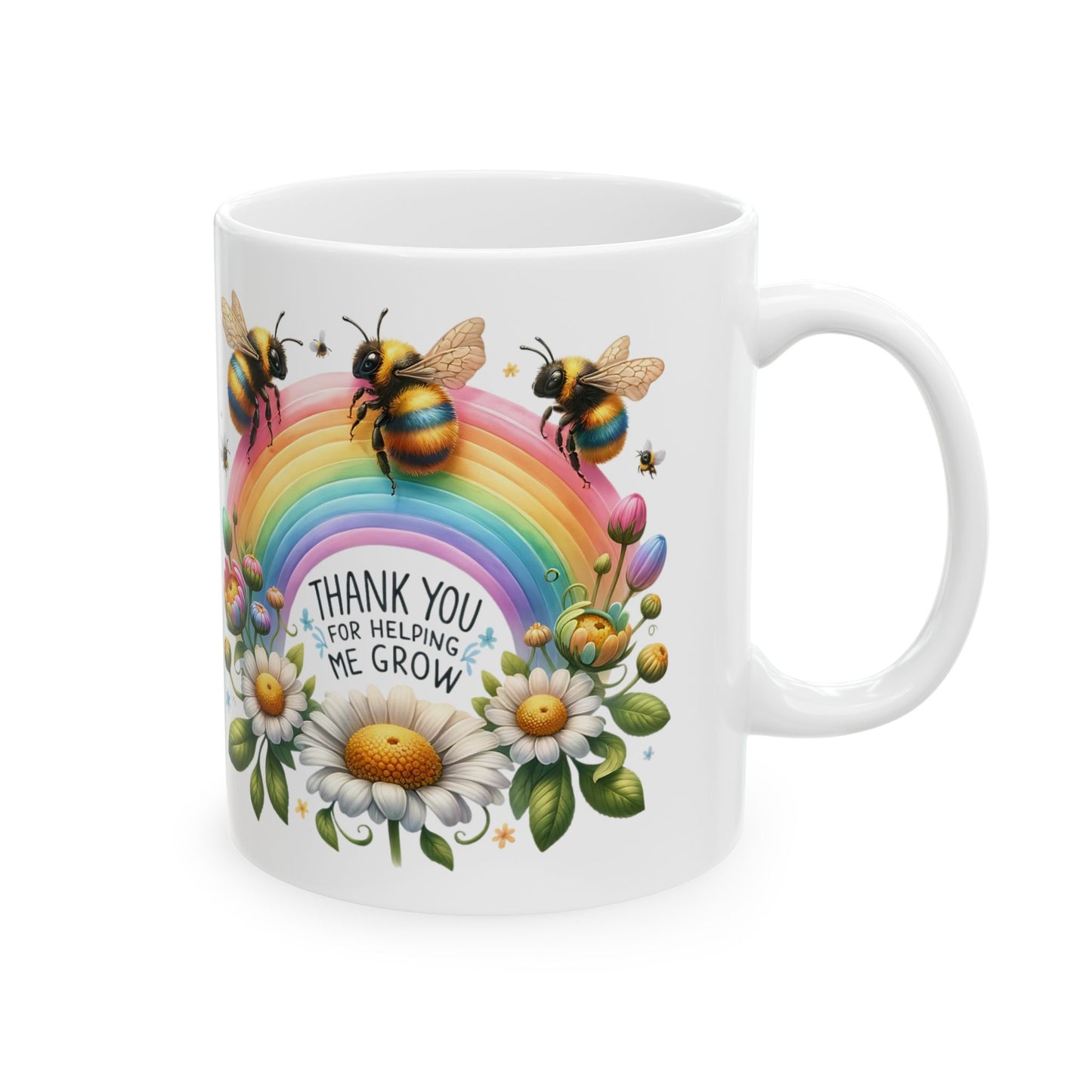 Thank You Rainbow Bee Ceramic Mug - Colorful Floral Design (11oz, 15oz)