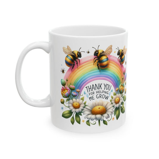 Thank You Rainbow Bee Ceramic Mug - Colorful Floral Design (11oz, 15oz)