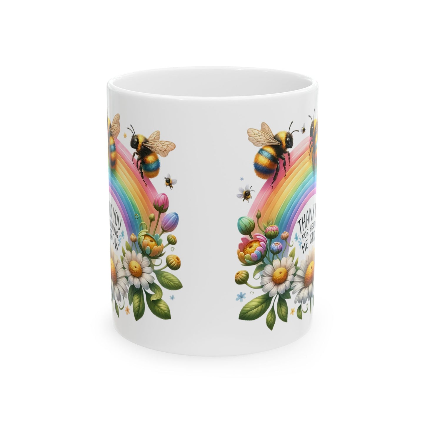 Thank You Rainbow Bee Ceramic Mug - Colorful Floral Design (11oz, 15oz)