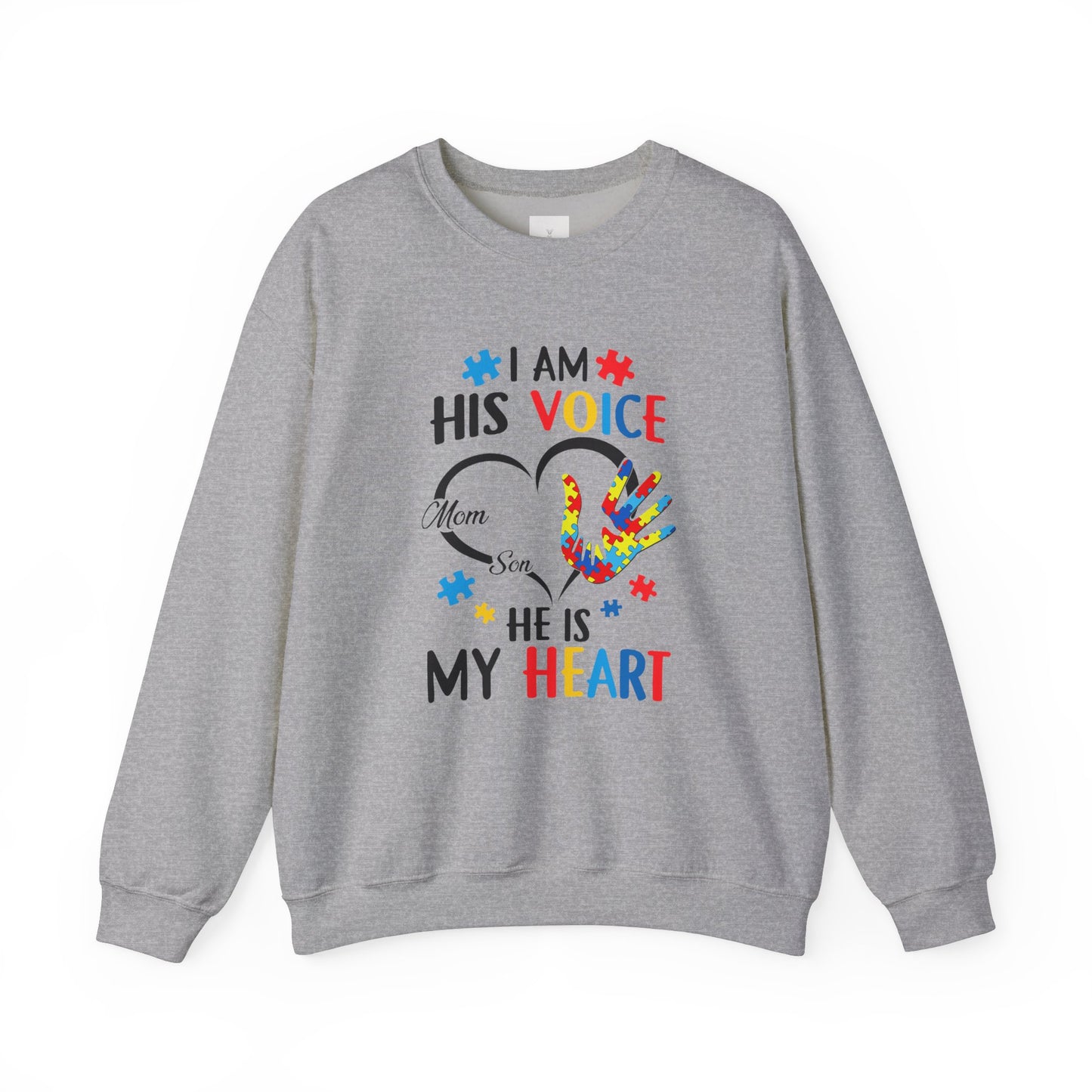 I Am His Voice Crewneck Sweatshirt for Moms & Sons - Autism Awareness Colorful Heart Design