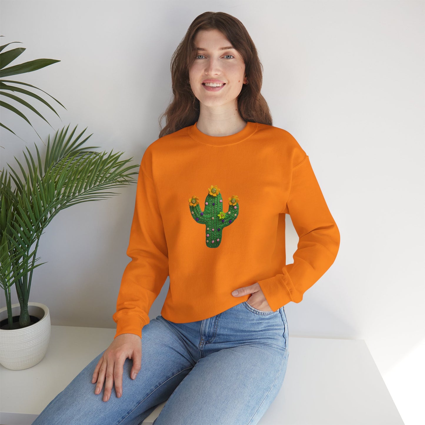 Cactus Vibes Unisex Crewneck Sweatshirt - Bright Orange Cozy Wear