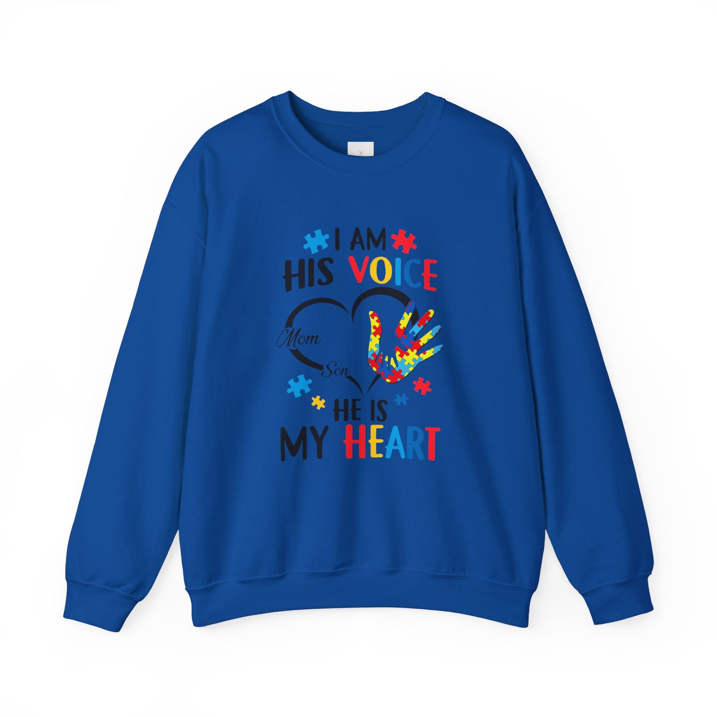 I Am His Voice Crewneck Sweatshirt for Moms & Sons - Autism Awareness Colorful Heart Design