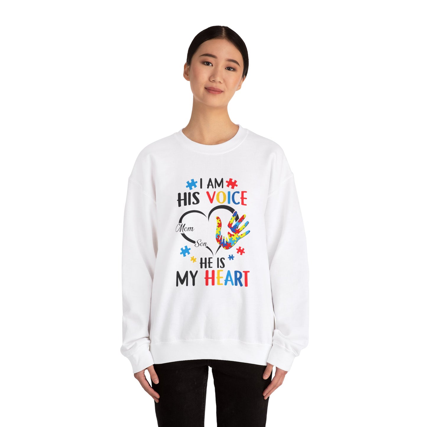 I Am His Voice Crewneck Sweatshirt for Moms & Sons - Autism Awareness Colorful Heart Design