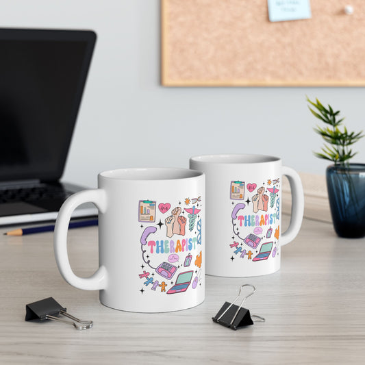 Whimsical Ceramic Mug with Fun Illustrations - Perfect Gift for Therapist Professionals