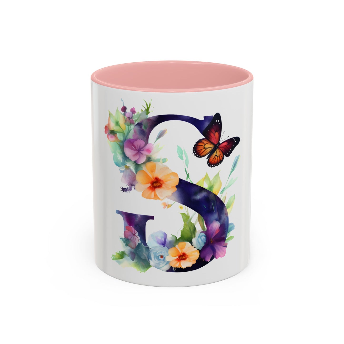 Personalized Floral Initial Accent Coffee Mug - Butterfly Design - Perfect Gift for Any Occasion