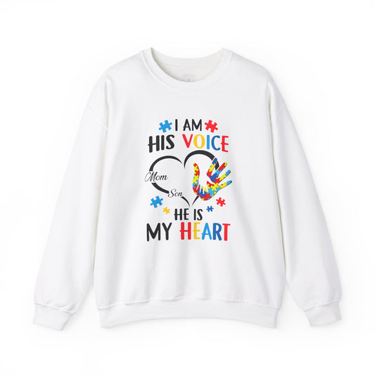 I Am His Voice Crewneck Sweatshirt for Moms & Sons - Autism Awareness Colorful Heart Design