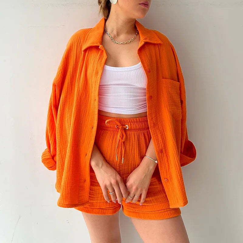 Summer Women's Wrinkled Lapel Long-sleeved Shirt High-waist Drawstring Shorts