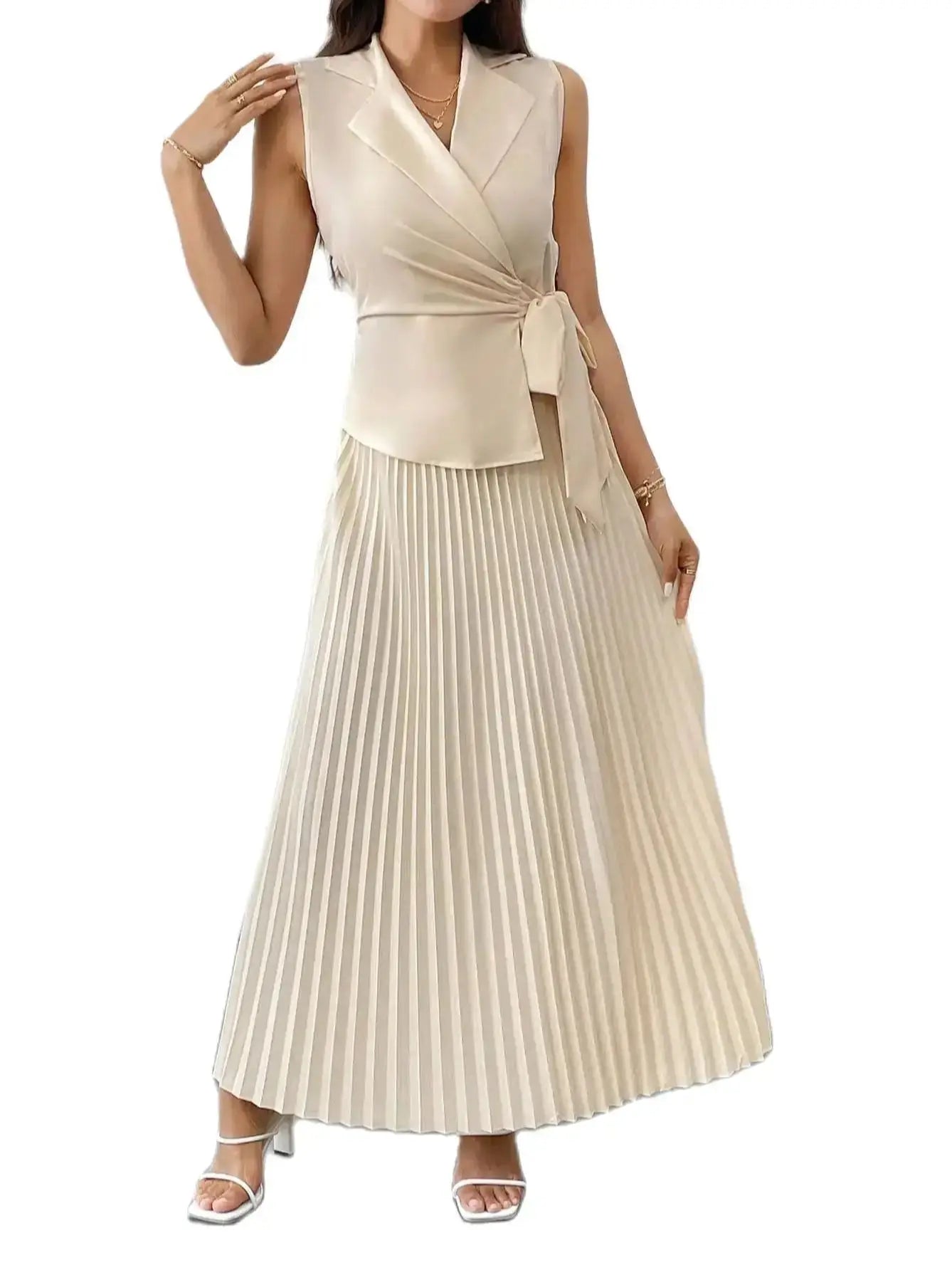 Vest jacket long pleated skirt suit