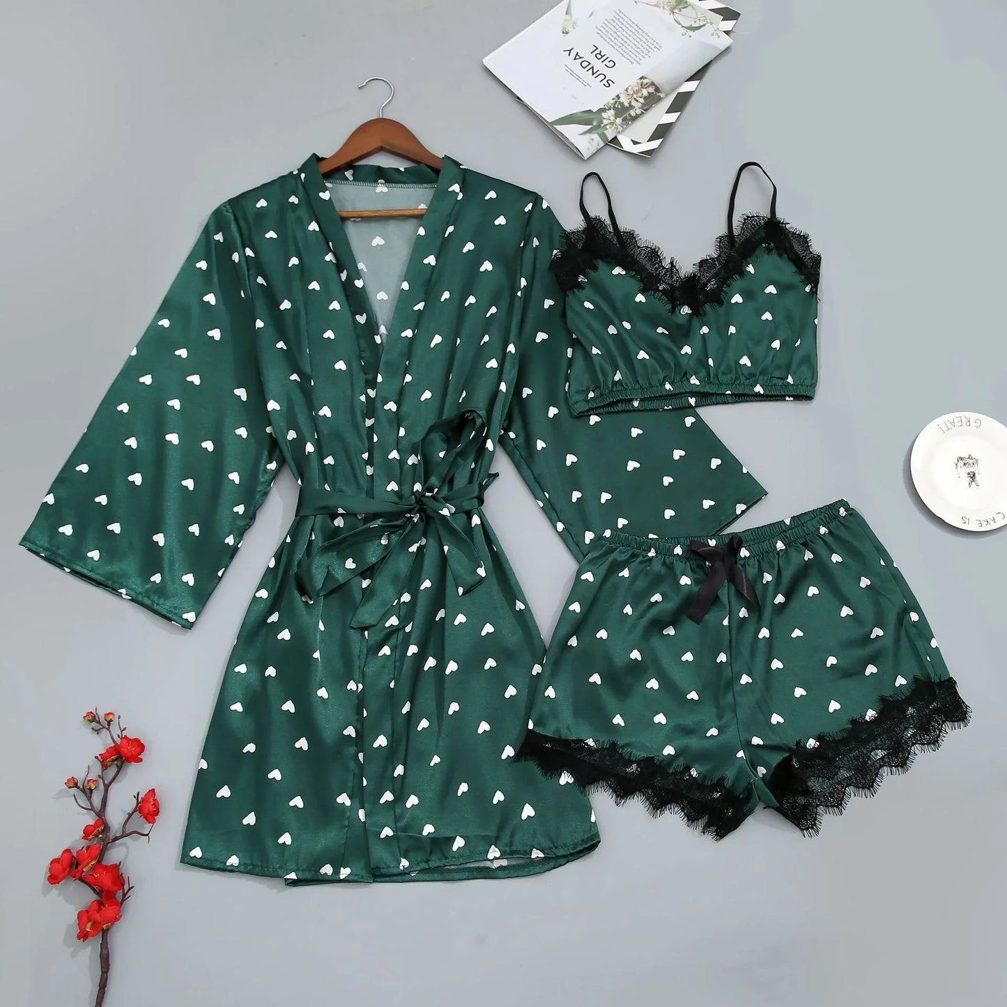 3Pcs/2Pcs Women Satin Ice Silk Pajama Set Heart Print