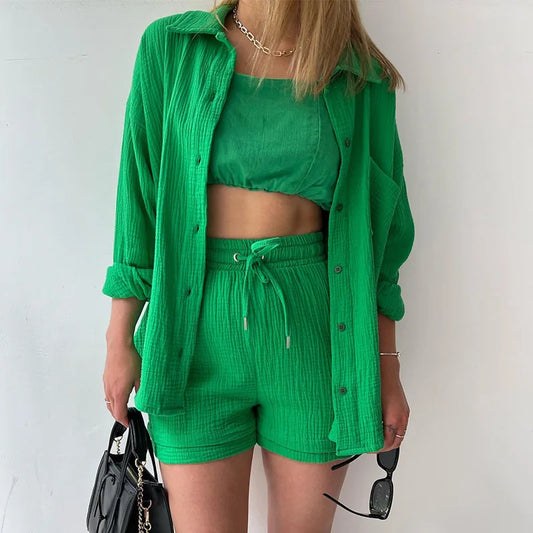 Summer Women's Wrinkled Lapel Long-sleeved Shirt High-waist Drawstring Shorts