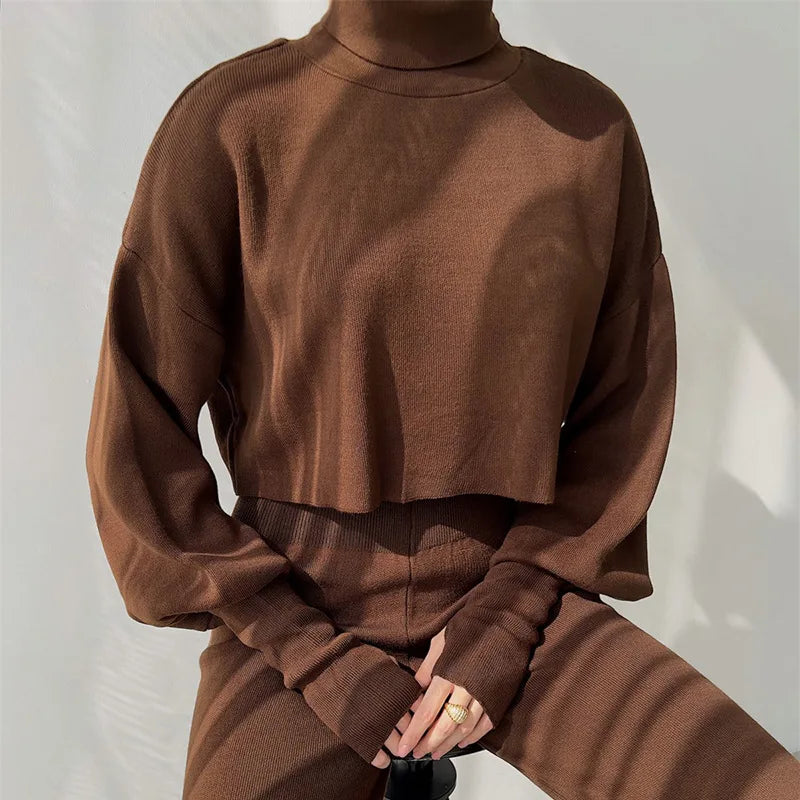 Women's Casual High Neck Loose Long Sleeved Pants Two-piece Set