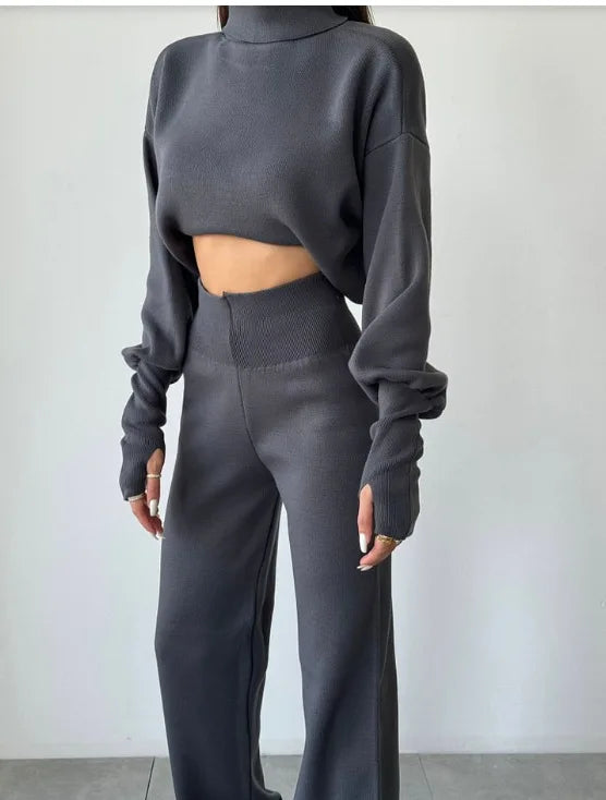 Women's Casual High Neck Loose Long Sleeved Pants Two-piece Set