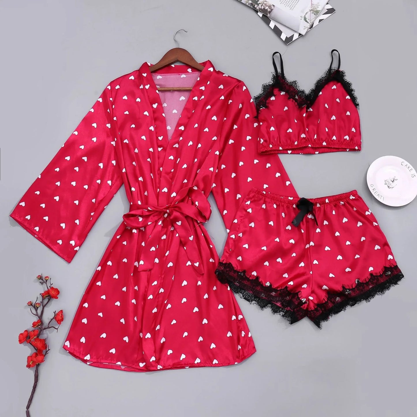 3Pcs/2Pcs Women Satin Ice Silk Pajama Set Heart Print