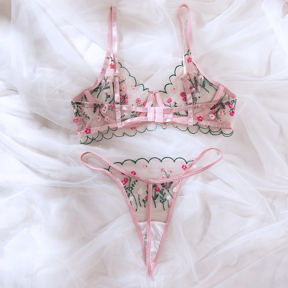 Sheer Floral Lingerie Bra + Thong Underwear Set