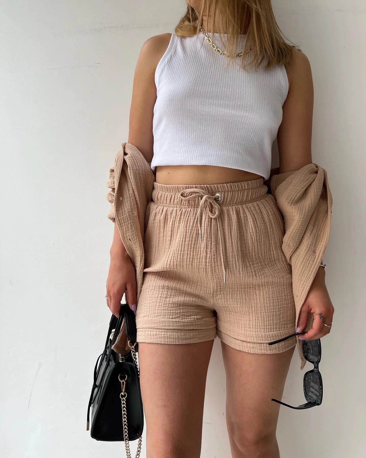 Summer Women's Wrinkled Lapel Long-sleeved Shirt High-waist Drawstring Shorts