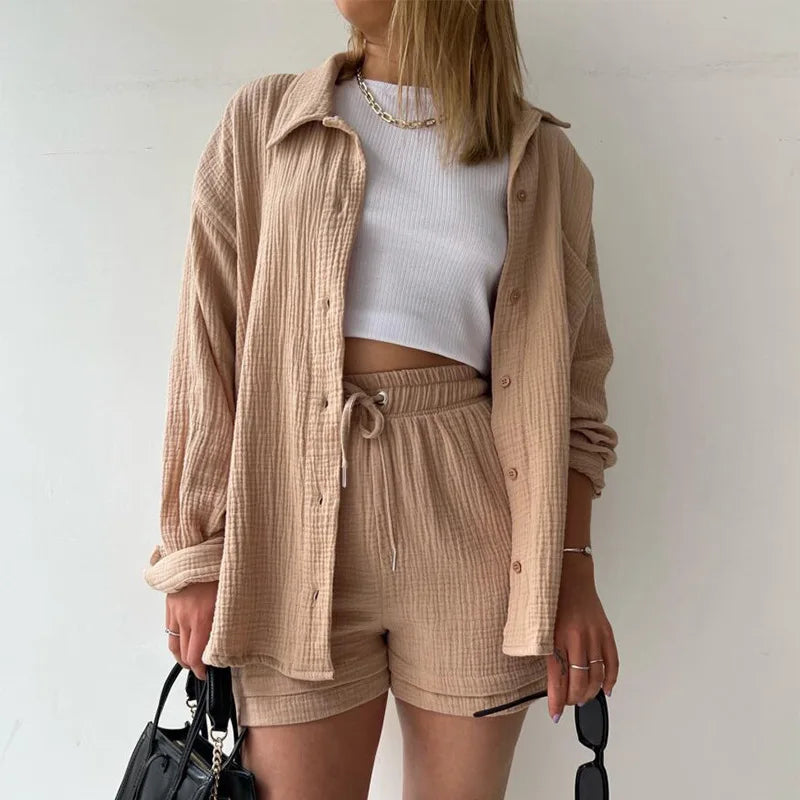 Summer Women's Wrinkled Lapel Long-sleeved Shirt High-waist Drawstring Shorts