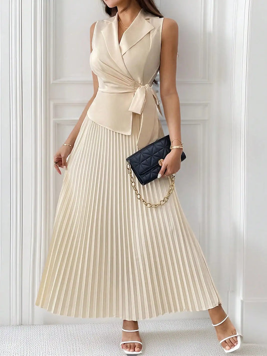 Vest jacket long pleated skirt suit