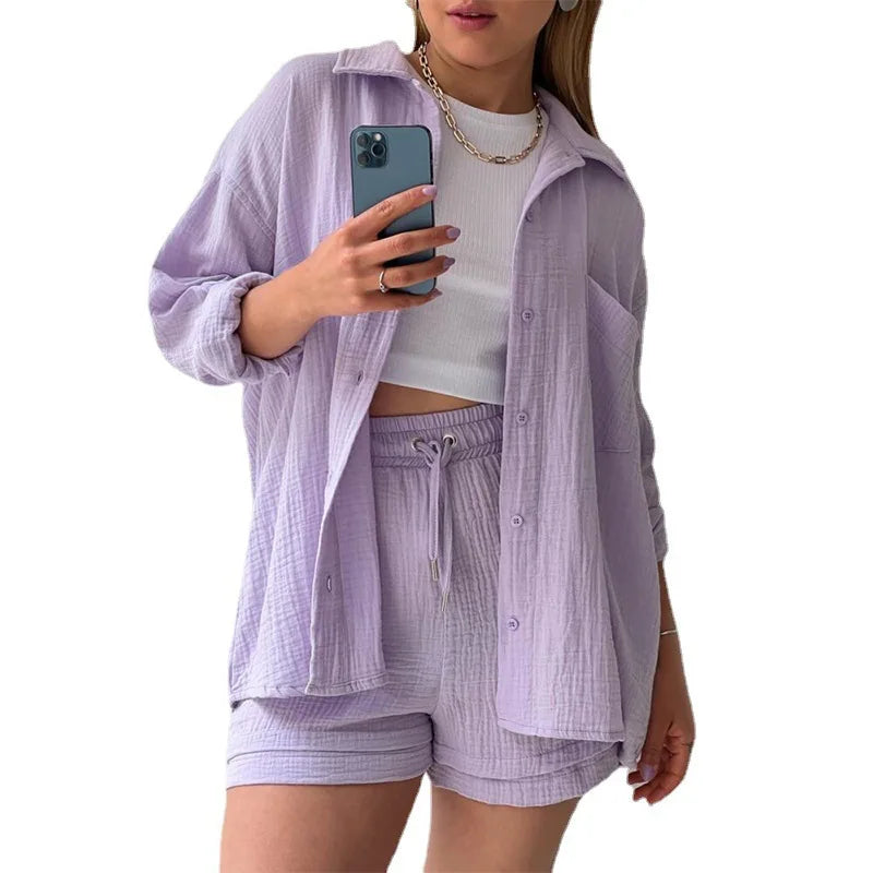 Summer Women's Wrinkled Lapel Long-sleeved Shirt High-waist Drawstring Shorts