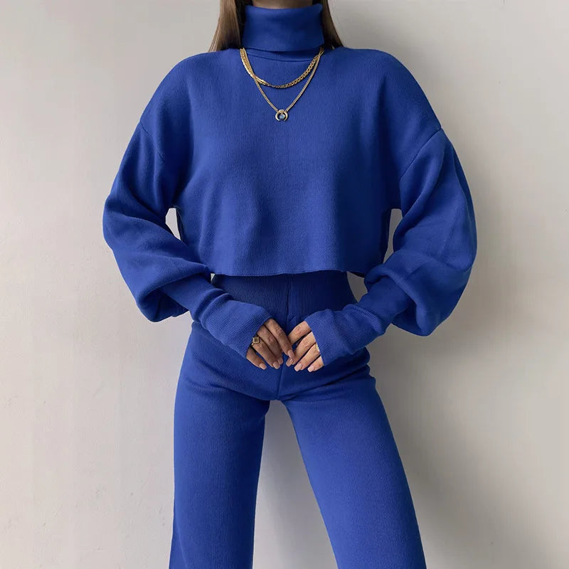 Women's Casual High Neck Loose Long Sleeved Pants Two-piece Set