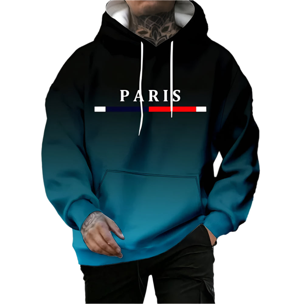 Man's Fashion Gradient Paris Print Hooded Sweatshirt