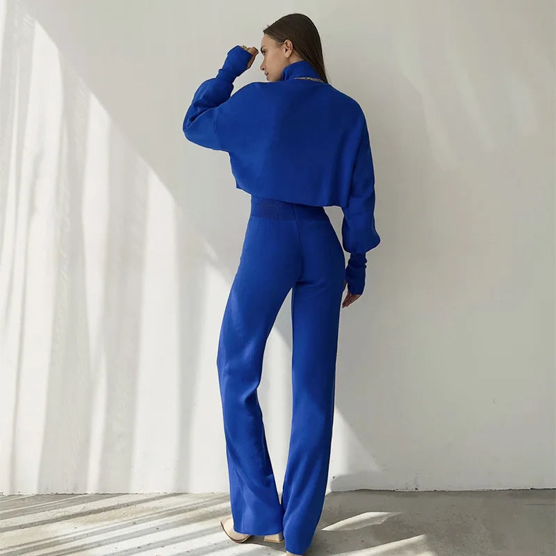 Women's Casual High Neck Loose Long Sleeved Pants Two-piece Set