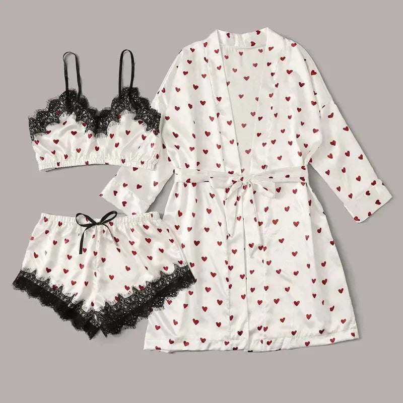 3Pcs/2Pcs Women Satin Ice Silk Pajama Set Heart Print