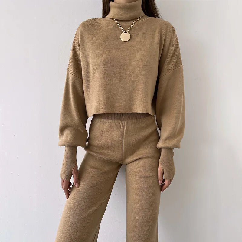 Women's Casual High Neck Loose Long Sleeved Pants Two-piece Set