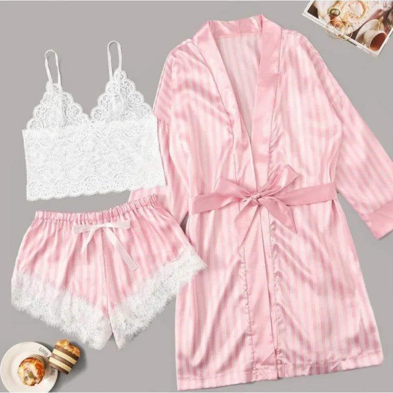 3Pcs/2Pcs Women Satin Ice Silk Pajama Set Heart Print