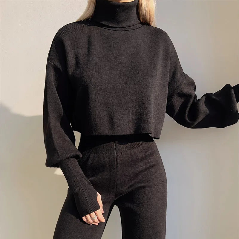 Women's Casual High Neck Loose Long Sleeved Pants Two-piece Set