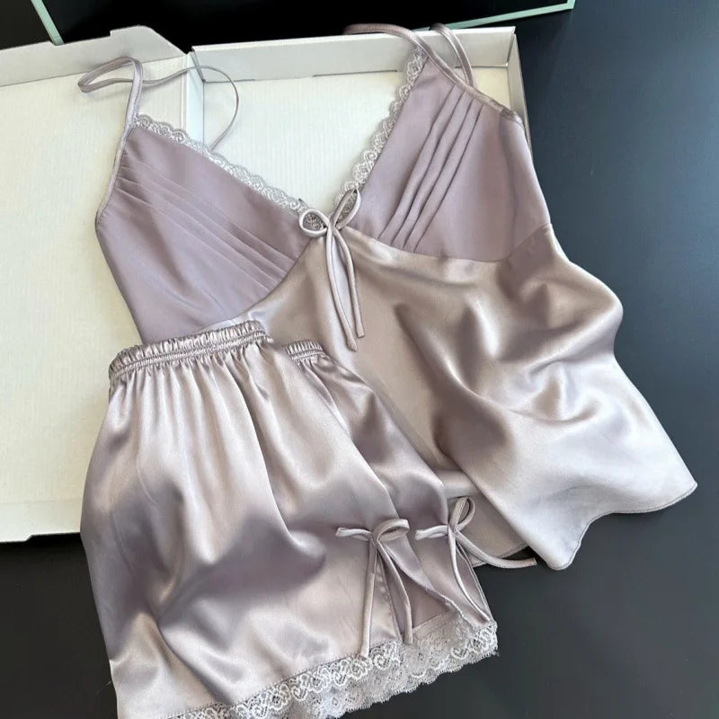 Sexy Lace Bow Cami Shorts Pijamas Suit