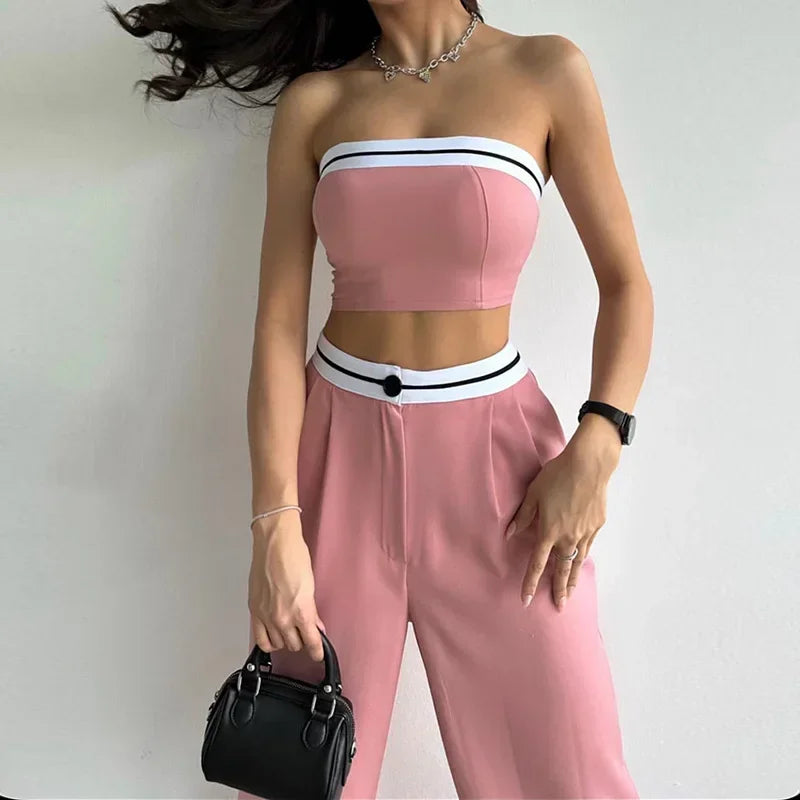 Sports Vest Top Top Spell Color High-waisted Wide-leg Trousers Casual Two-piece Set