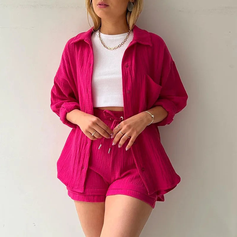 Summer Women's Wrinkled Lapel Long-sleeved Shirt High-waist Drawstring Shorts