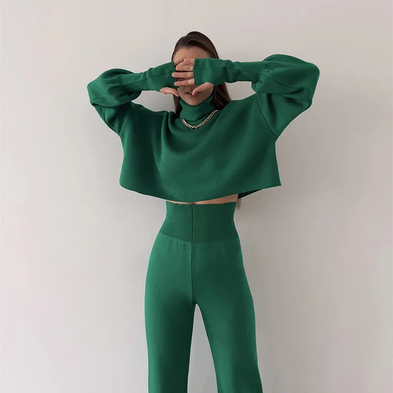 Women's Casual High Neck Loose Long Sleeved Pants Two-piece Set